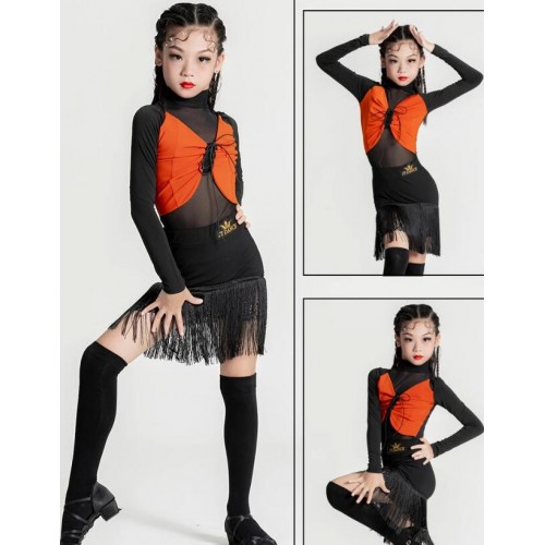 Girls kids black with orange fringe latin dance dresses for children salsa rumba chacha dance costumes for Girls